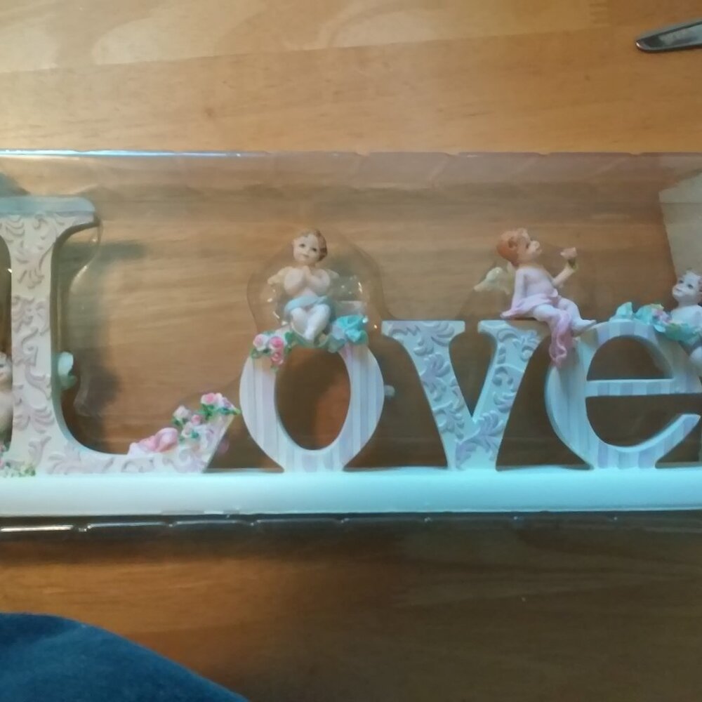 Ceramic Love Cherubs Stands On Shelf Wrapped Unused 13 3/4" L x 2"D x 5"H Read